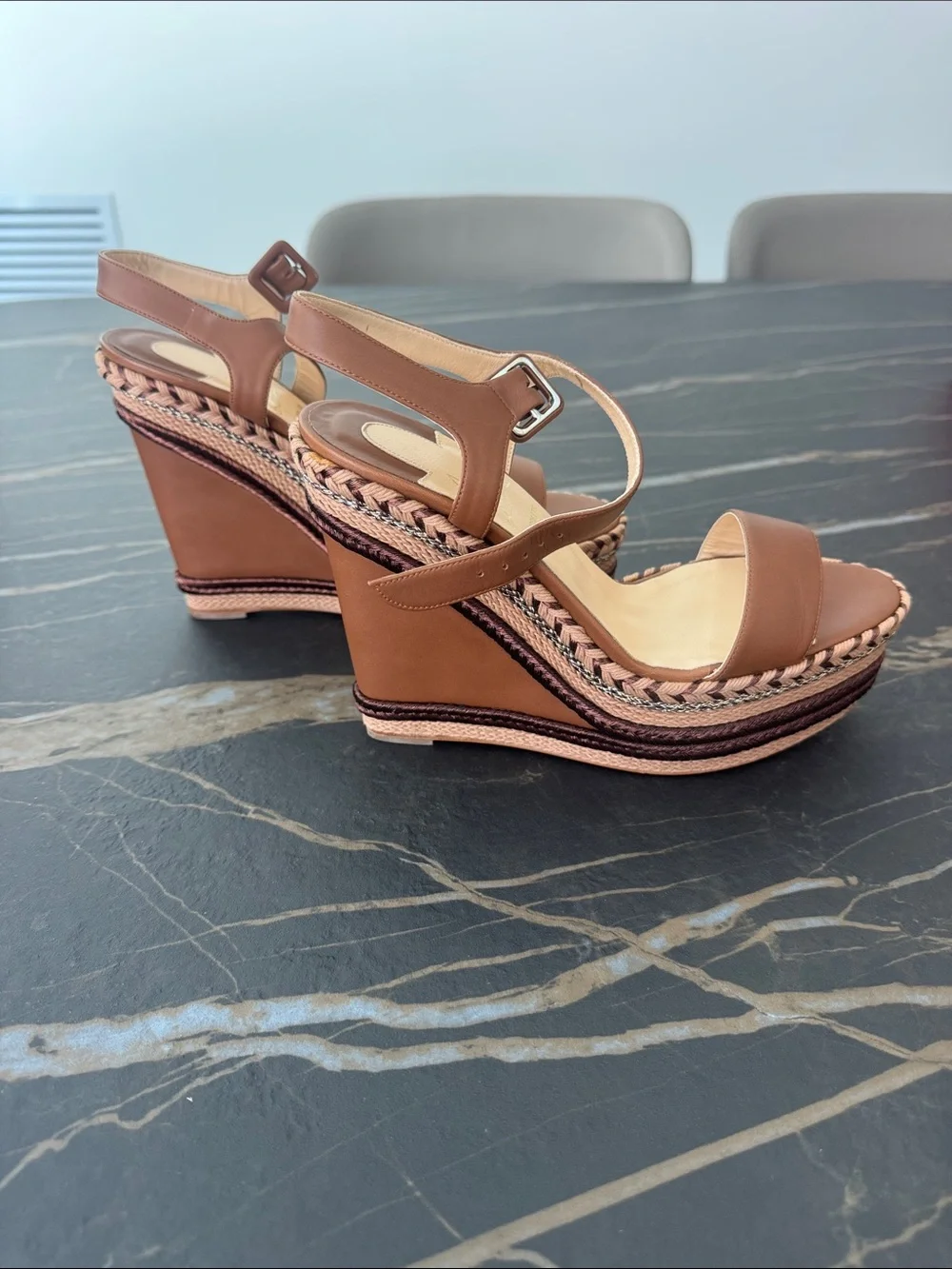 Christian Louboutin Brown Leather Braided Platform Wedge Sandals